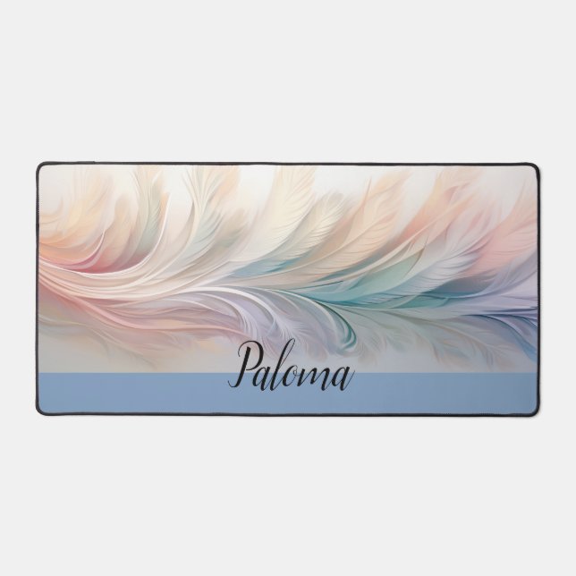 Serene Sweep: Pastel Feather Array Desk Mat (Front)