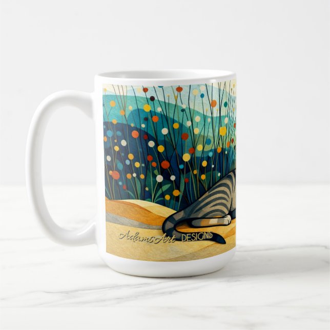Serene Tabby Cat in Whimsical Wildflower Meadow Coffee Mug (Left)