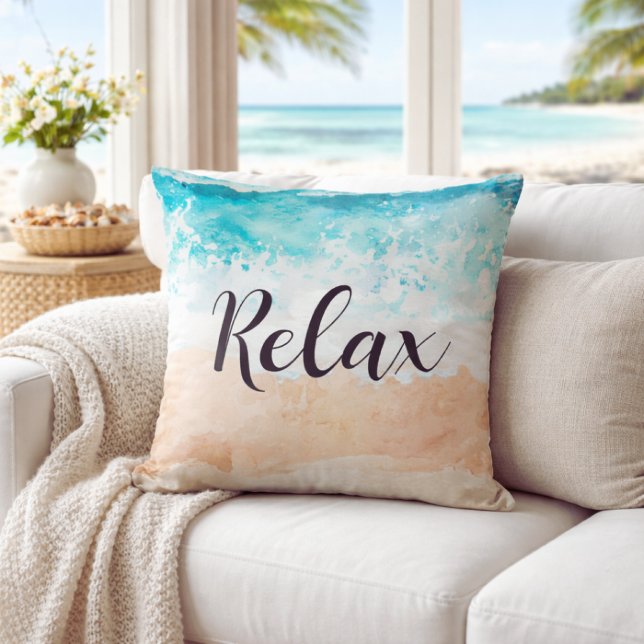 Serene Teal Coastal Ocean Waves Relax Beach Throw Pillow (relax ocean beach pillow)