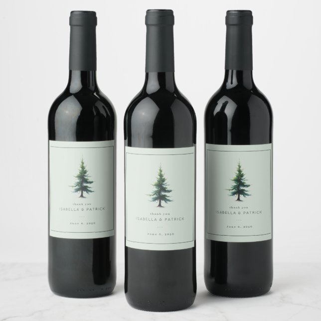 Serene Teal Evergreen Tree Illustration Wine Label (Bottles)