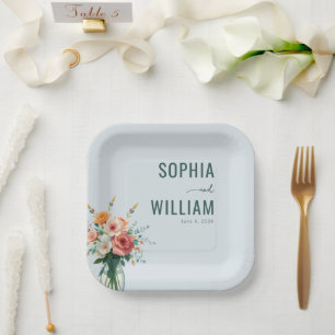 Serene Teal Floral Bouquet Paper Plates