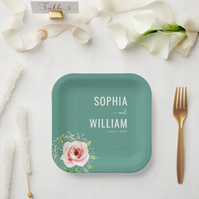 Serene Teal Floral Paper Plates (Wedding)