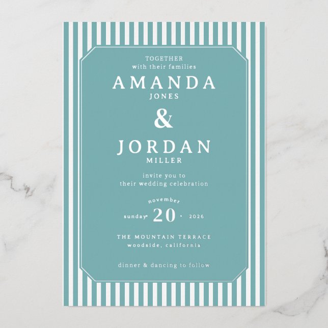 Serene Teal Geometric Wedding Invitation Foil Invitation (Front)