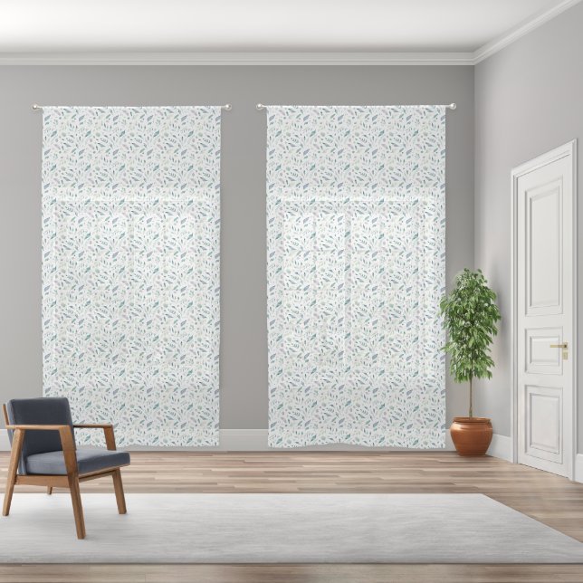 Serene Teal & Sage Leaves Sheer Curtains (Wide)