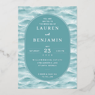 Serene Teal Water Waves Foil Invitation