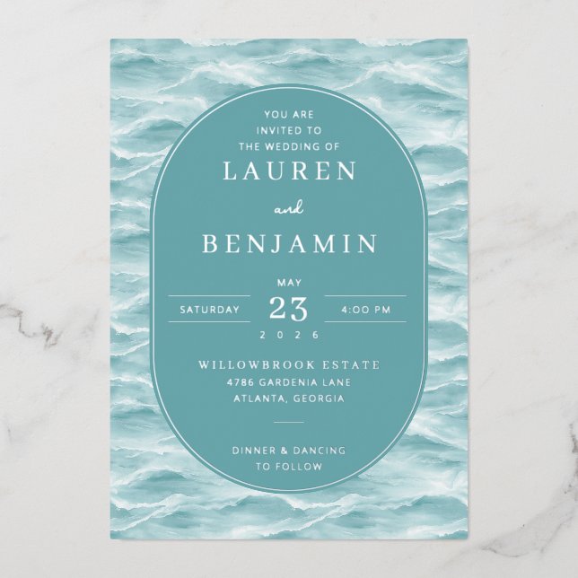 Serene Teal Water Waves Foil Invitation (Front)