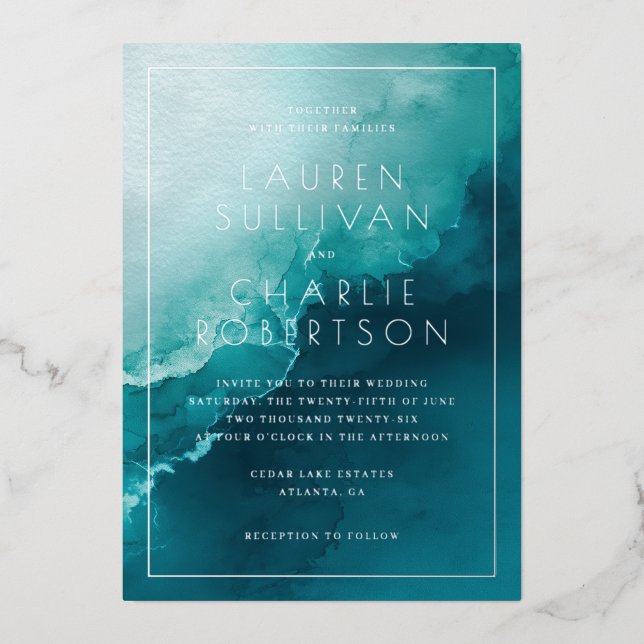 Serene Teal Watercolor Waves Foil Invitation (Front)