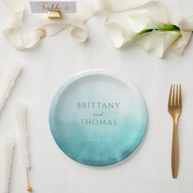 Serene Teal Watercolor Waves Paper Plates (Wedding)