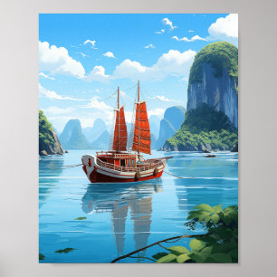 Serene Traditional Junk Boat in Vietnam's Emerald  Poster