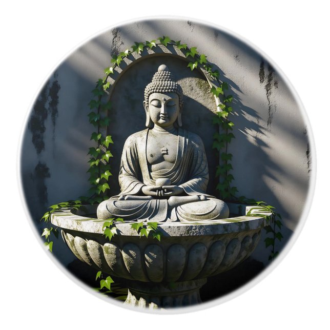Serene Tranquil Buddha Fountain  Ceramic Knob (Front)