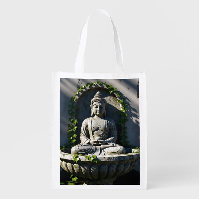 Serene Tranquil Buddha Fountain  Grocery Bag (Front)