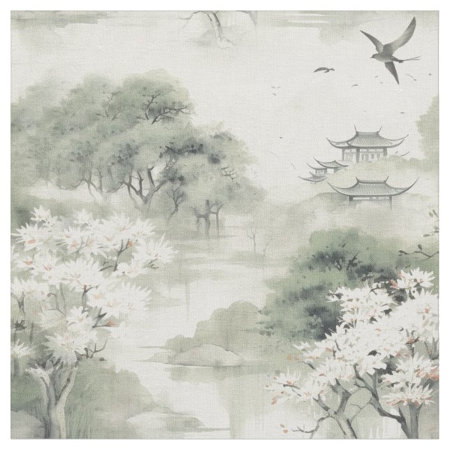 Serene Tranquility Japanese theme Fabric (Close Up)