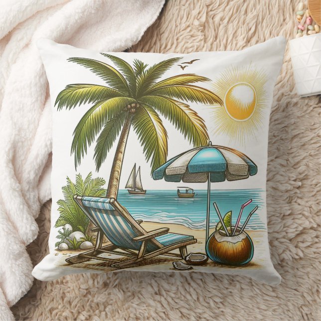 Serene Tropical Beach Large Throw Pillow (Blanket)