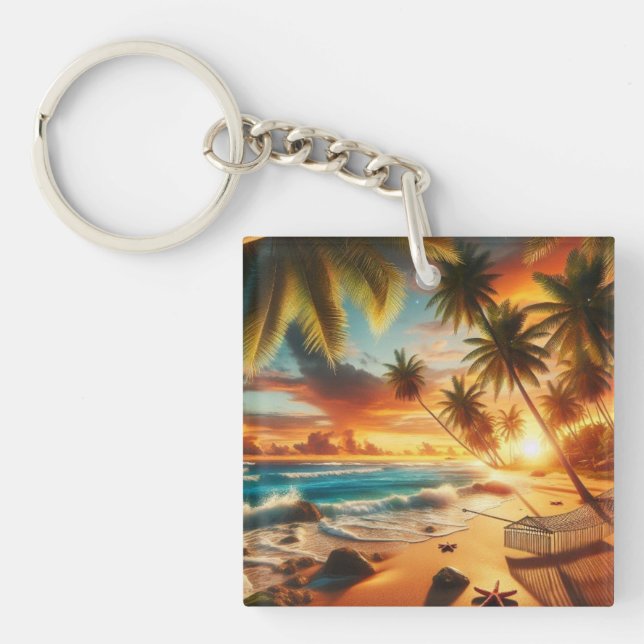 Serene Tropical Sunset Beach Painting Keychain (Front)