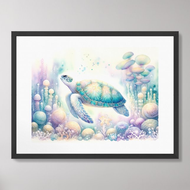 Serene Underwater Sea Turtle Print (Framed Front)
