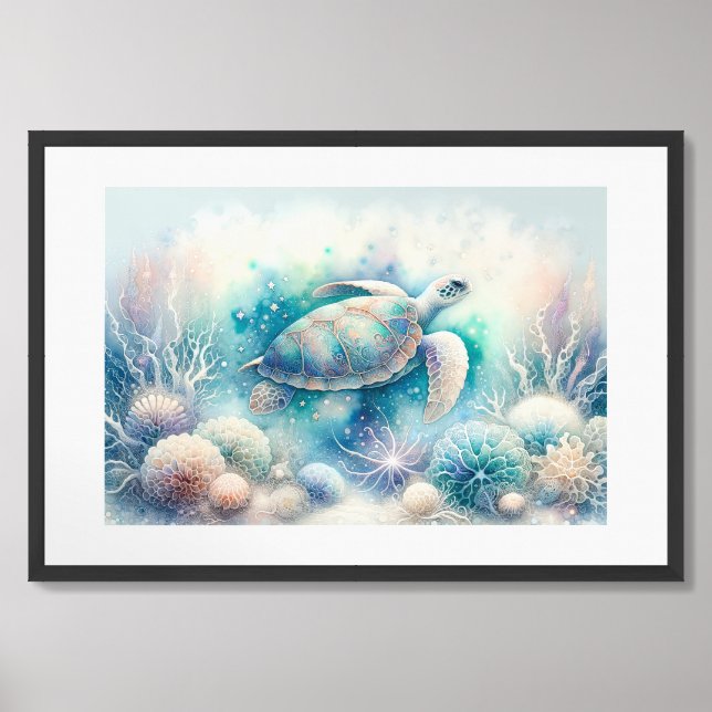 Serene Underwater Sea Turtle Print (Framed Front)