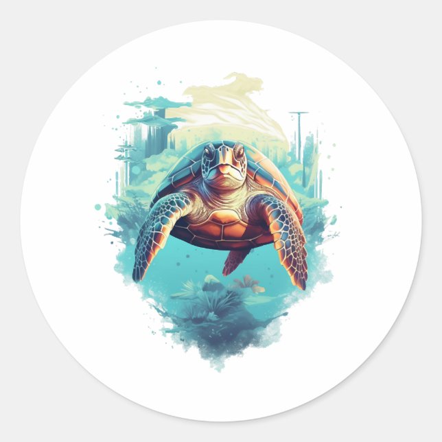 Serene Underwater Turtle Classic Round Sticker (Front)