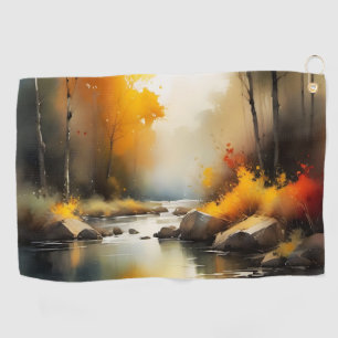 Serene vibrant Autumn river landscape painting Golf Towel