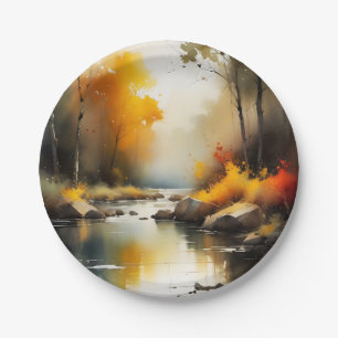 Serene vibrant Autumn river landscape painting Paper Plates