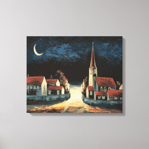 Serene Village Under Crescent Moon Canvas Print