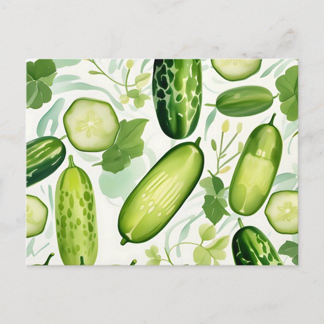 Serene Watercolor Cucumber Pattern with Flowing Postcard (Front)