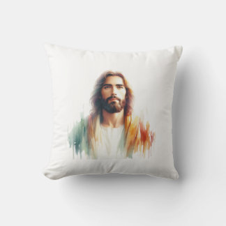Serene Watercolor Jesus Christ Portrait – Spiritua Throw Pillow