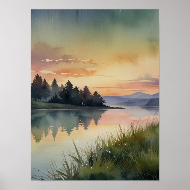 Serene Watercolor Mountain Landscape Art Print (Front)