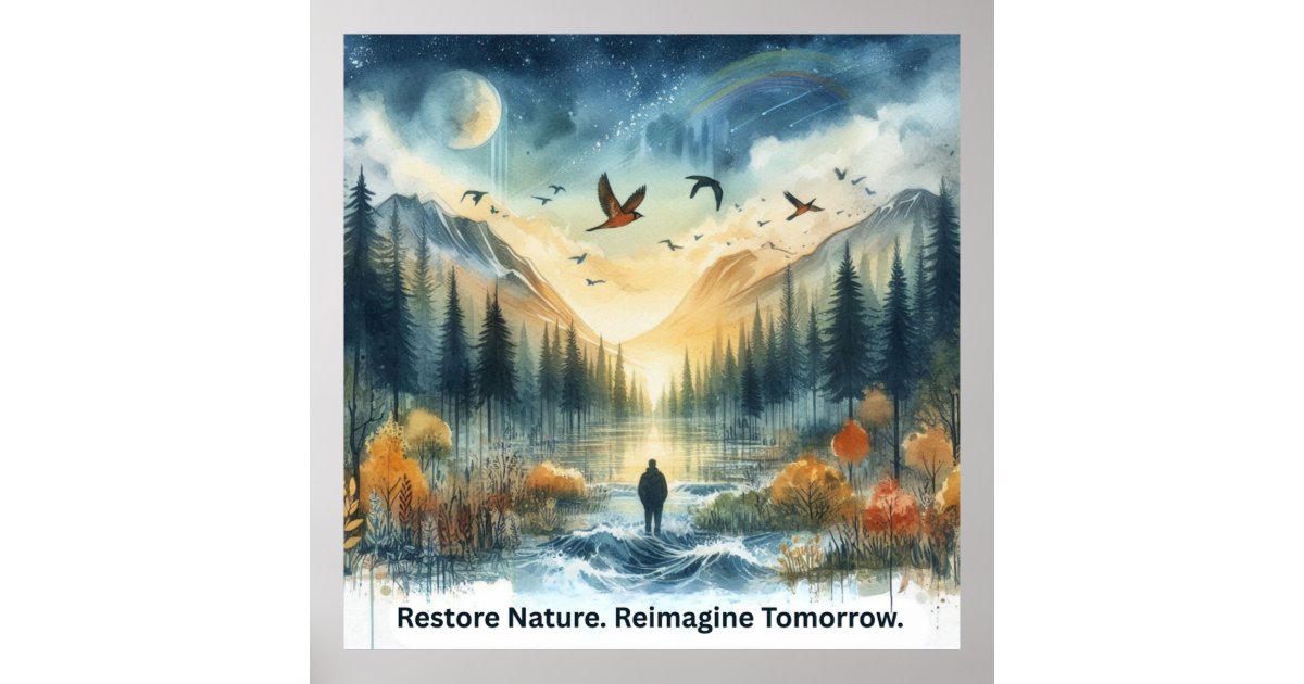 Serene Watercolor Nature Landscape with Hawks Art Poster | Zazzle