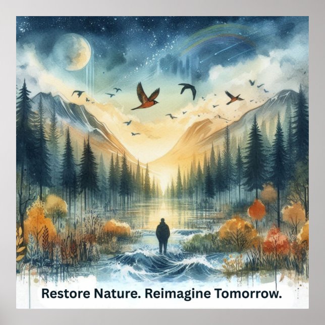 Serene Watercolor Nature Landscape with Hawks Art Poster (Front)