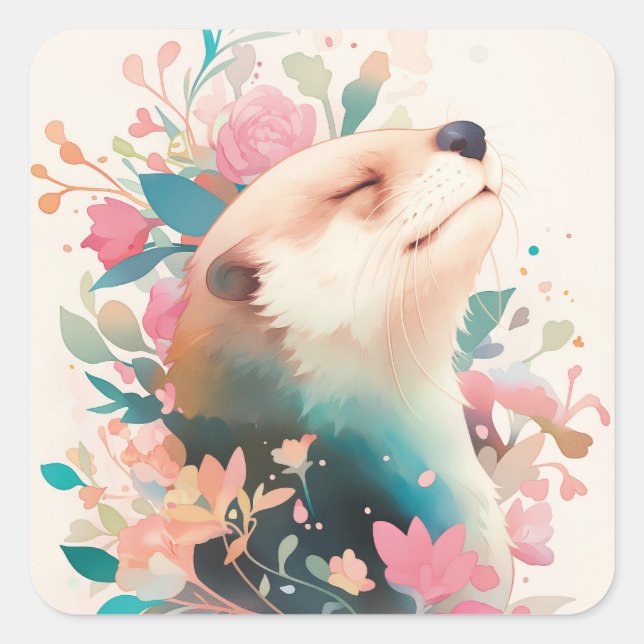 Serene Watercolor Otter Portrait Square Sticker (Front)