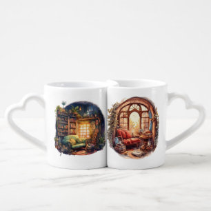 SERENE WATERCOLOR READING BOOK NOOK COFFEE MUG SET