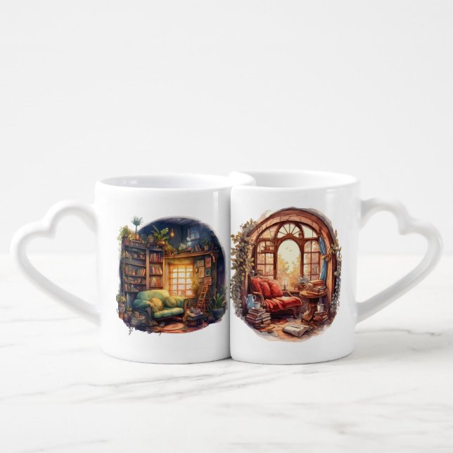 SERENE WATERCOLOR READING BOOK NOOK COFFEE MUG SET (Front Nesting)