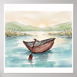 Serene Watercolor Wooden Boat Lake Scene Poster