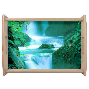 Serene Waterfall in Blue and Green Serving Tray