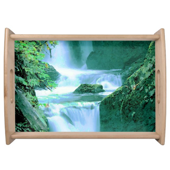 Serene Waterfall in Blue and Green Serving Tray (Front)