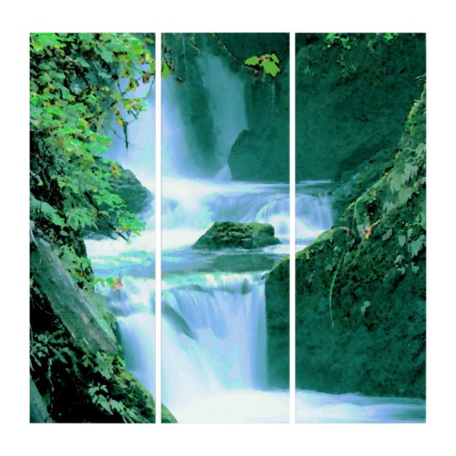 Serene Waterfall in Blue and Green Triptych (Front)