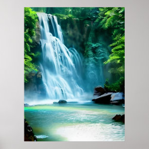 Serene Waterfall in Pale Blue and Green Poster