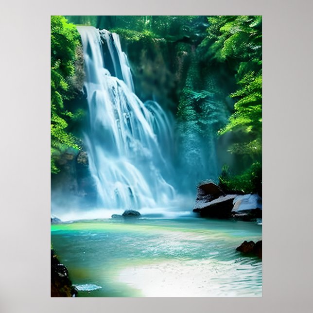 Serene Waterfall in Pale Blue and Green  Poster (Front)