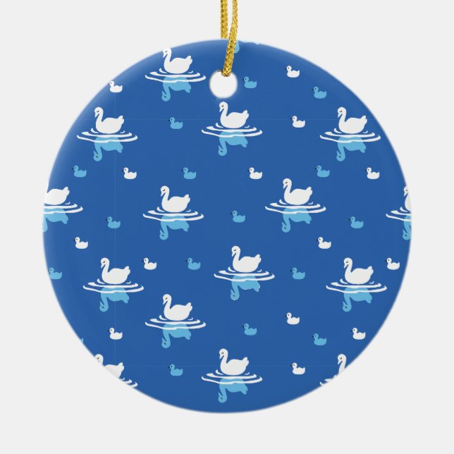 Serene Waters - Playful Swan Lake Pattern Design Ceramic Ornament (Front)