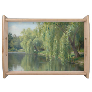 Serene Weeping Willow Pond Landscape Serving Tray
