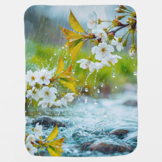 Serene White Cherry Blossoms in Spring Rain & Stre Baby Blanket