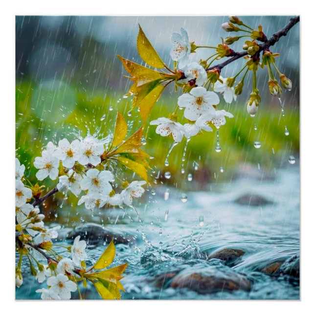 Serene White Cherry Blossoms in Spring Rain & Stre Poster (Front)