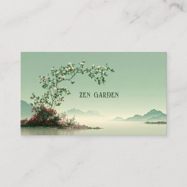 Serene White Rose Bloom Misty Mountain Lake Zen Business Card (Front)