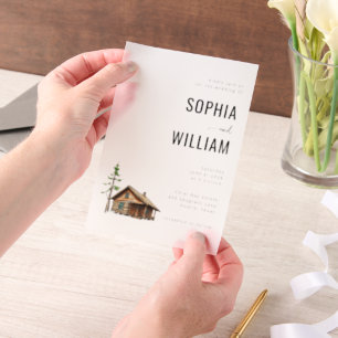 Serene White Rustic Cabin Vellum Invitations