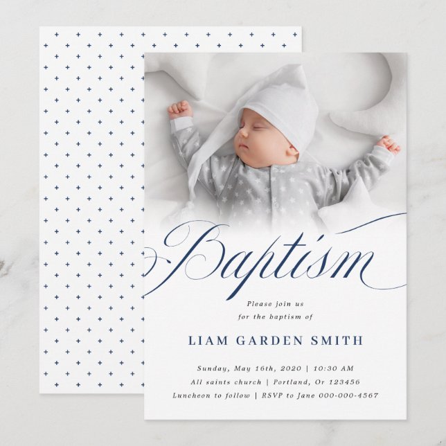 Serene White Script Baptism Photo Design Invitation (Front/Back)