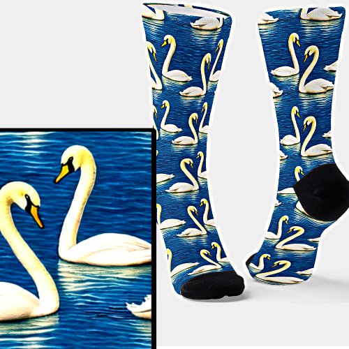 Serene White Swans Swimming on a Blue Lake Socks
