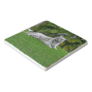 Serene White Tiger Wildlife Scene with Palm Trees  Trivet