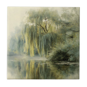 Serene Willow Tree Reflection Nature Art (10) Ceramic Tile