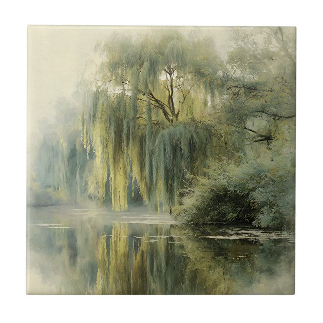 Serene Willow Tree Reflection Nature Art (10) Ceramic Tile (Front)