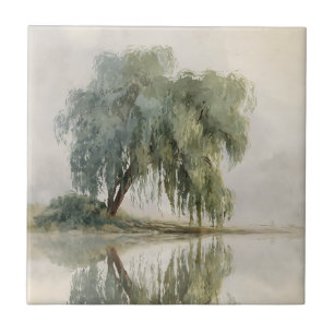 Serene Willow Tree Reflection Nature Art (10) Ceramic Tile